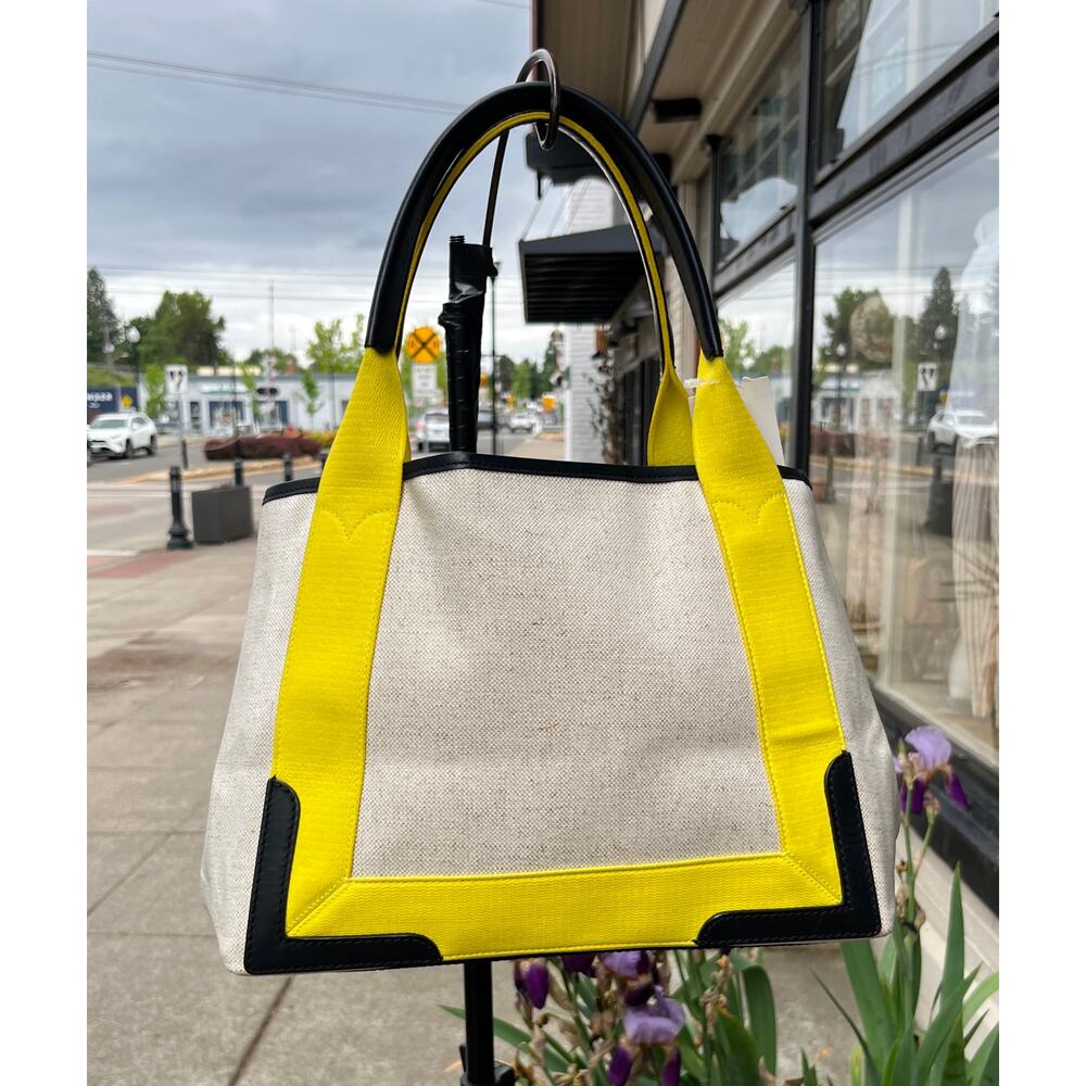 BALENCIAGA PARIS Cabas Cream & Yellow Canvas & Leather Tote Bag w/Pouch - Picture 3 of 13